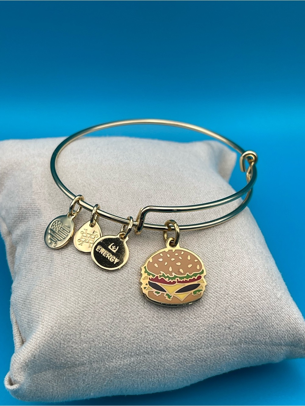 Alex and Ani Gold-Tone Burger Charm Bangle Bracelet - Pink & Green Enamel